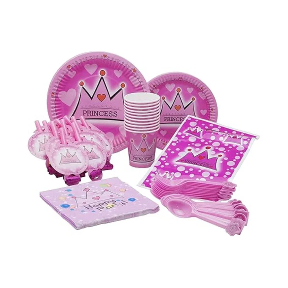 Princess Party Pack--Pink Plates, cups, party favors & Bags, fork, Spoon For 10